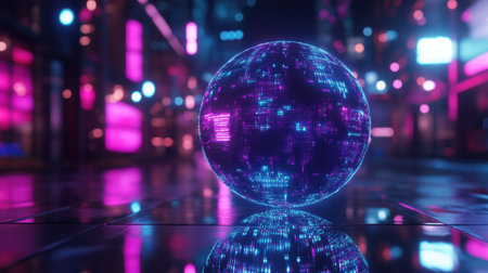 Floating digital hologram globe made of data points and network paths glowing in neonの素材