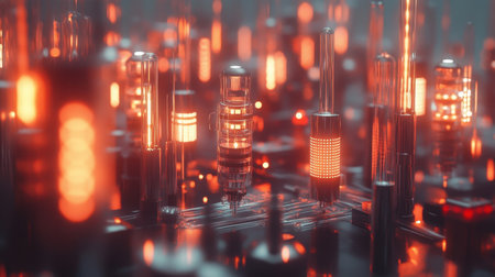 Glowing network of interconnected devices and sensors visualizing IoT innovationの素材