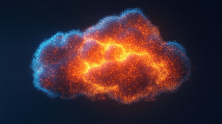 Glowing cloud network structure spanning across continents with data transfer visualsの素材