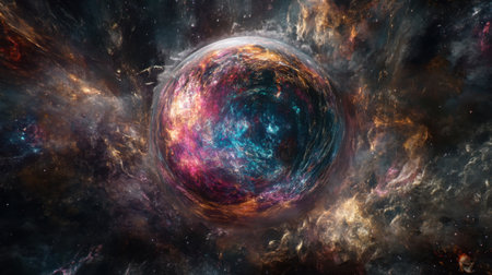 Metaverse-style digital globe floating in cyberspace with interactive portal effectsの素材