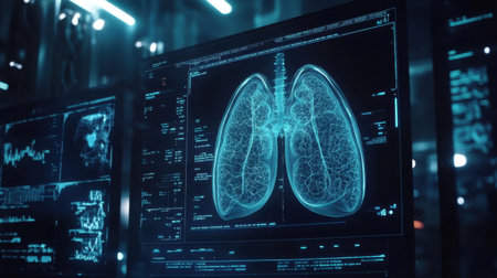Medical digital interface with D organ scans, health metrics, and futuristic HUD graphicsの素材