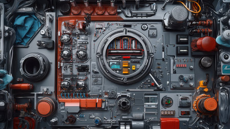 Old mechanical system evolving into advanced AI-driven interfaces in a half-and-half tech illustrationの素材