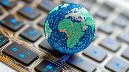 Realistic globe emerging from pixelated data, surrounded by encrypted network layersの素材