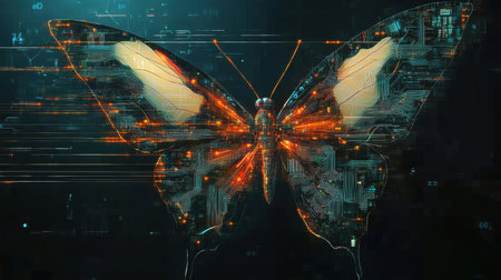 Tech-art fusion showing a digital butterfly with translucent circuit wings and glowing veinsの素材