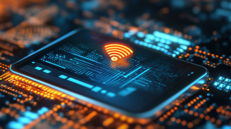 Virtual assistant interface glowing on a mobile device with voice wave animationsの素材