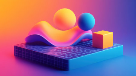Stylized neon digital artwork featuring abstract waves, cubes, and symmetrical compositionsの素材