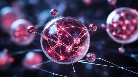 Visualization of quantum computing chip with glowing atoms and digital entanglement linesの素材