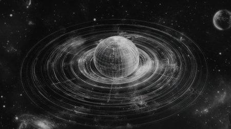 Virtual wireframe planet surrounded by satellite links and AI-driven analyticsの素材