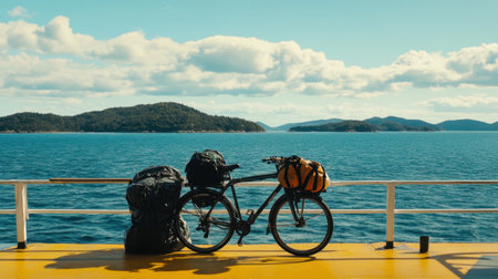Bike parked on ferry deck with coastal islands in backgroundの素材