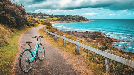Bicycle parked on scenic coastal road with winding path and blue ocean viewsの素材
