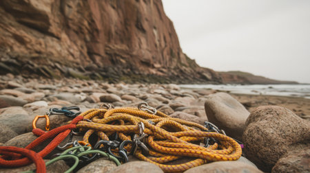 Climbing ropes and carabiners laid out on boulders at the base of a steep rock faceの素材