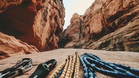 Climbing ropes and carabiners laid out on boulders at the base of a steep rock faceの素材