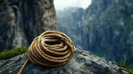 Climbing rope coiled on boulder with dramatic cliff face in the backgroundの素材