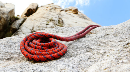 Climbing rope coiled on boulder with dramatic cliff face in the backgroundの素材