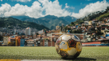 Close-up of football resting on stadium turf with a panoramic view of a foreign cityの素材
