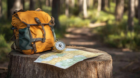 Compass and trail map spread out on tree stump beside hiking bagの素材