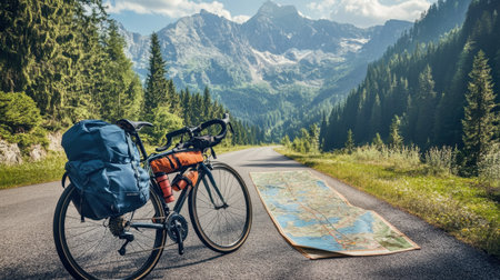 Cycling tourism destination welcome sign beside mountain road with map and gear infoの素材