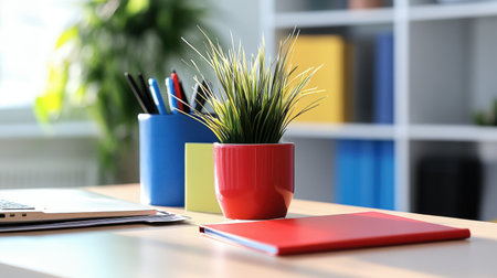 Investor meeting setup with branded folders, coffee, and presentation deviceの素材