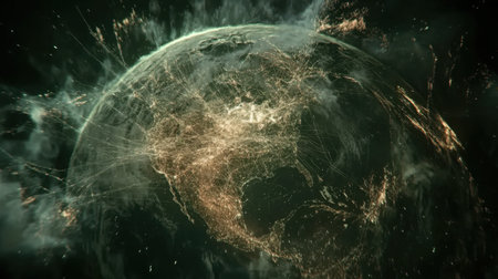 Cybernetic network overlay on Earth globe symbolizing global digital innovation networksの素材