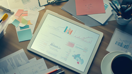 Flat lay of business planning materials including tablet, stylus, charts, and pitch cardsの素材