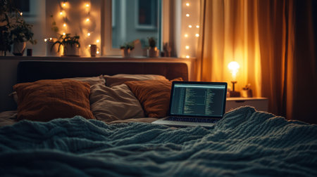 Laptop on bed with project files open, remote work concept in relaxed home settingの素材