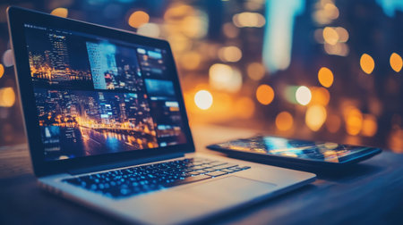 Laptop and tablet both displaying synced online conference session, cross-device workflowの素材