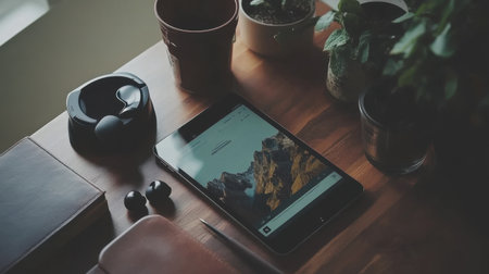 Flat lay of tablet, wireless earbuds, and online conference interface on deskの素材