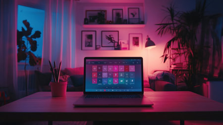 Remote work desk with glowing laptop screen showing team communication app interfaceの素材