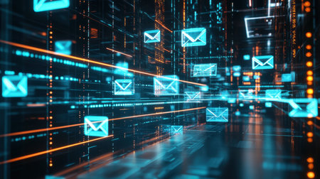 Futuristic email inbox UI floating in a digital workspace with data effectsの素材