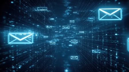 Email marketing concept with envelopes, mail icons, and analytics charts floating in digital spaceの素材