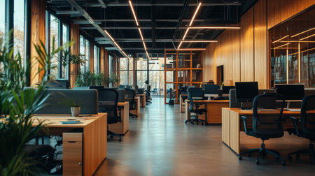 Quiet modern office cubicle with high walls, noise reduction materials, and clean tech layoutの素材