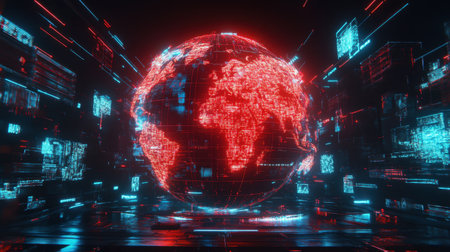 Cybernetic network overlay on Earth globe symbolizing global digital innovation networksの素材