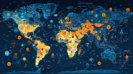 Digital map with secure communication links, firewalls, and lock symbols for cybersecurityの素材