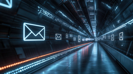 Futuristic email inbox UI floating in a digital workspace with data effectsの素材