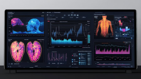 Medical digital technology dashboard showing diagnostics, scans, and real-time health dataの素材
