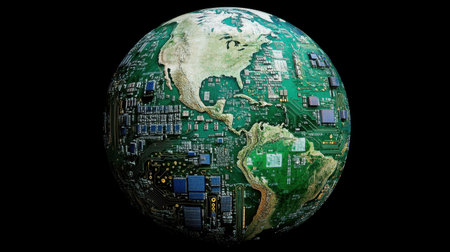Planet Earth composed of circuits and microchips representing the interconnected digital worldの素材