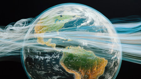 Transparent hologram of a rotating Earth overlaid with digital weather and climate monitoring dataの素材