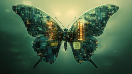 Tech-art fusion showing a digital butterfly with translucent circuit wings and glowing veinsの素材