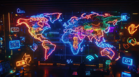 Neon-colored digital mesh forming a global map surrounded by social media and app symbolsの素材