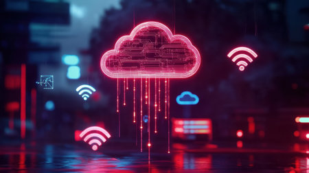 Tech landscape with floating D icons of Wi-Fi, cloud, AI, and blockchain over a dark backgroundの素材