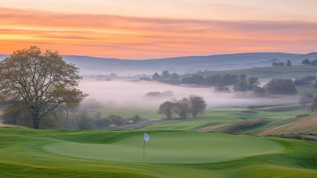 Golf course green at sunset with flag in the hole and misty hills in the distanceの素材