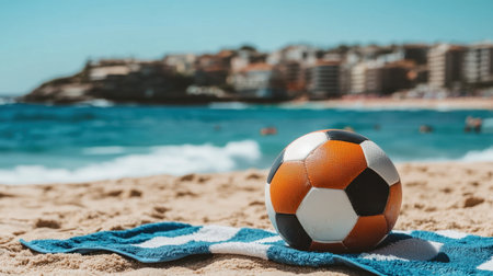 Football on a beach towel with the ocean and world-famous coastline in the backgroundの素材