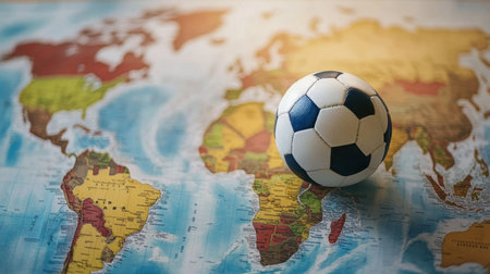 Football placed on a world map with flight routes connecting multiple countriesの素材