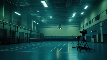 Empty media zone with camera risers and reserved signage near finish areaの素材