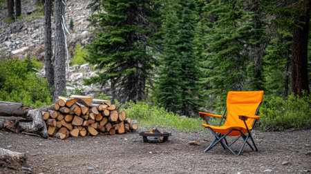 Firewood stacked beside empty fire ring with nearby folding chair and axeの素材