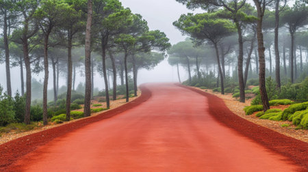 Empty trail running track winding through pine forest in morning fogの素材