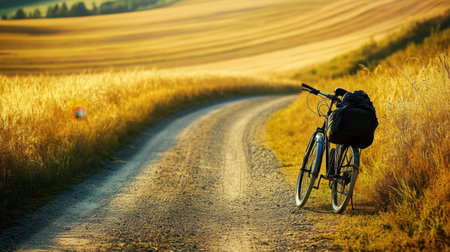 Loaded bike with panniers resting on rural gravel road surrounded by golden fieldsの素材