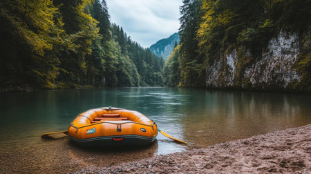 Inflatable raft beached on calm section of river with steep canyon walls on both sidesの素材