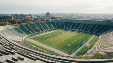 Old football stadium with an expansive view of the surrounding modern city skylineの素材