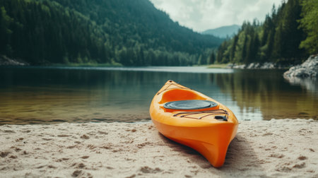 Kayak pulled up on sandy shore of tranquil lake with forested hills in backgroundの素材